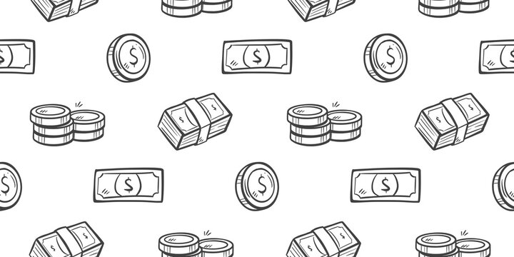 Finance doodle background. Money pattern background. Cash money seamless pattern. Hand drawn seamless pattern of coin, wallet, card, dollar, cash, bank, bill, credit.