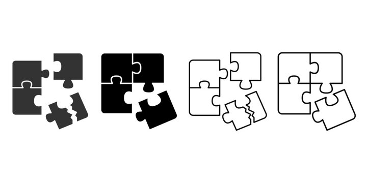 Set of Jigsaw Puzzle Piece Icons, Interlocking Puzzle Pieces in Black, White, and Outline Styles