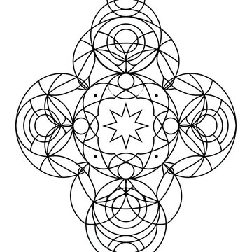 Abstract symmetrical geometric mandala pattern with circular lines and central star shape isolated on a plain white background