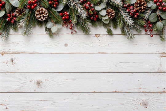 Christmas festive garland with red berries and pine cones on rustic