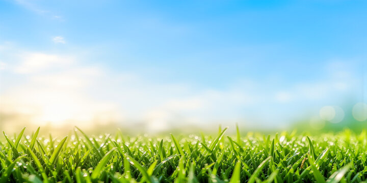 Lush green grass blades under bright blue sky with glowing morning