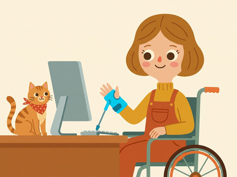 Cute girl in a wheelchair using an assistive typing aid splint pointer at a computer desk with pet cat, whimsical 2D retro folk art illustration