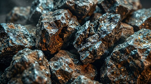 Rugged unrefined metallic ore chunks with jagged textured surfaces under cinematic cyan and orange contrast lighting in hyper detail