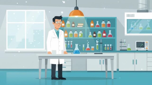 Colorful test tubes with chemical liquids in a laboratory setting illustration.