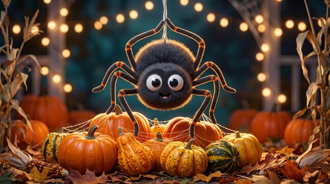 Spider Hanging Above Halloween Pumpkins. A cute black spider dangles on a web above a pile of glowing jack-o-lanterns, surrounded by string lights for a festive autumn Halloween night scene.
