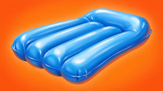 Blue inflatable pool mattress 3D render isolated on a vibrant orange background for summer vacation and leisure activities