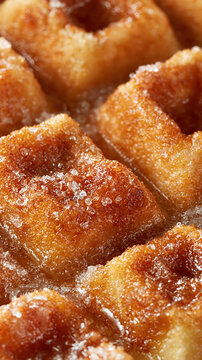 Waffle dessert sugar breakfast sweet macro closeup golden crispy syrup pastry bakery snack pattern square homemade indulgent gourmet tasty delicious hot warm sticky caramelized honey glaze food