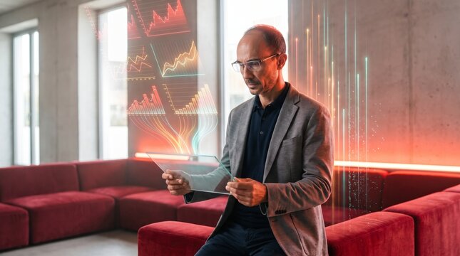 Analytical investor reviewing growth charts on transparent glass tablet in lounge office