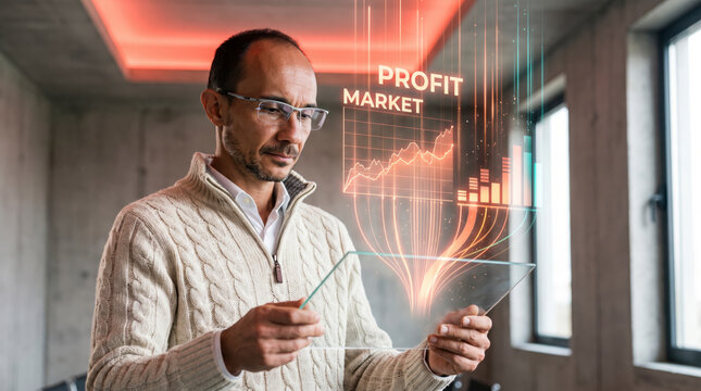 Discerning entrepreneur studying profit and market hologram on glass panel in raw concrete space