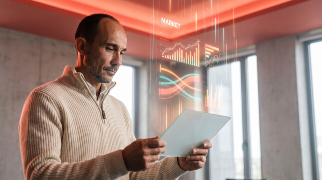 Methodical consultant reading market trends on frosted glass tablet with floating hologram overlay