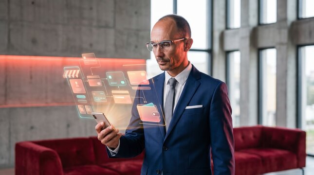 Vigilant fintech founder managing mobile payment flow with credit card and wallet hologram