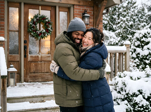 Happy diverse couple laughing and hugging on a snowy house porch