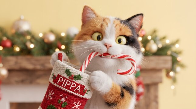Calico Cat Stealing a Candy Cane from Stocking 