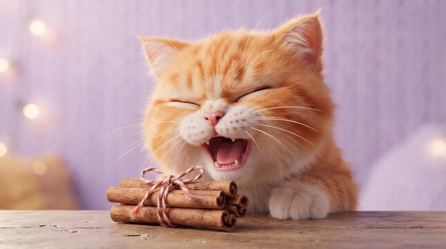 Orange Tabby Cat Sniffing Cinnamon Sticks