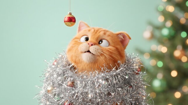 Orange Tabby Cat Stuck in Silver Tinsel Garland 