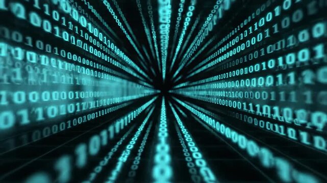 Glowing binary code streams converge through dark digital tunnel with perspective depth