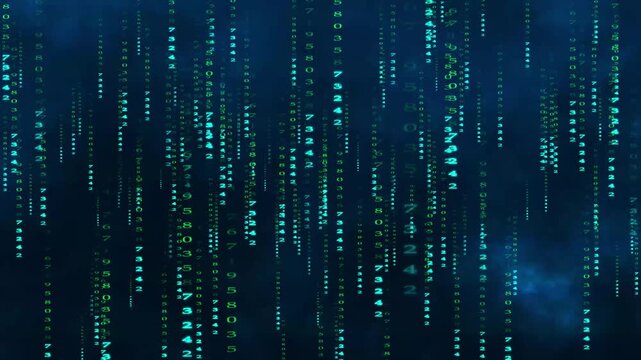Animated Matrix Digital Rain Binary Code Stream Motion Graphic Loop, Cyber Security Computer Data Numbers Rain Overlay Isolated Dark Blue Background.