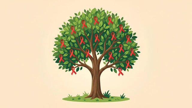 Animated tree decorated with red ribbons representing health awareness