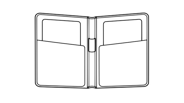 Black outline vector icon of an open bifold wallet notebook with inner card sleeves and lower slip pockets joined by narrow center spine with clasp drawn with thin lines in symmetrical front view