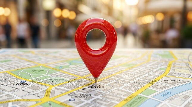 Navigation concept with a glossy red location pin placed on a city map with soft bokeh lights.