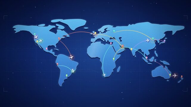 Global map showing worldwide flight routes and travel connections for business logistics