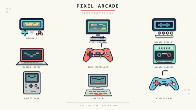Retro Gaming Equipment and Console Pixel Art Icon Set Illustration 