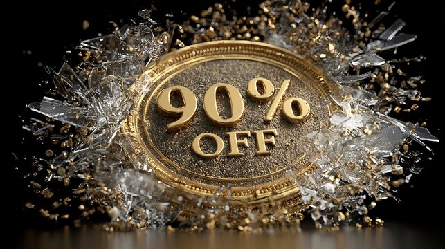 Shattered glass surrounds a golden discount badge highlighting ninety percent off, symbolizing a powerful sale concept