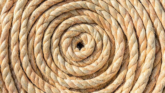 Sisal rope coiled in a tight spiral, top view natural fiber texture