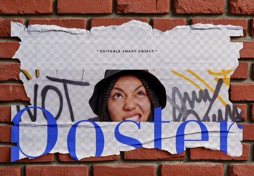 Street Urban Style Poster Mockup With Torn Texture and Brick Wall