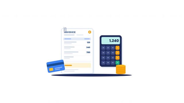 Digital invoice payment animation with calculator and credit card