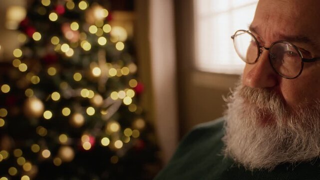 Senior Caucasian man holding smartphone napping in armchair near Christmas tree as camera tilts up to face. Ideal for elderly care and mental health holiday campaigns