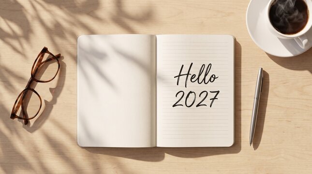 Open lined notebook with hello 2027 lettering, eyeglasses, pen, and coffee cup on a sunlit wooden desk in a top view planning scene