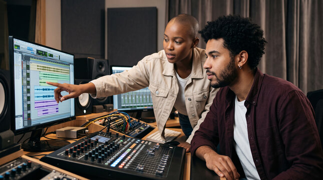 Music producers reviewing multitrack audio on computer monitor beside mixing console in professional recording studio control room