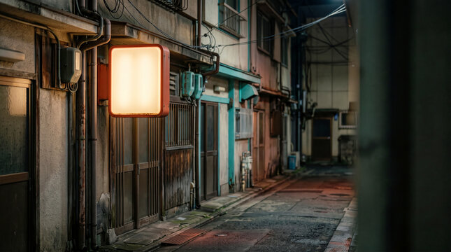 夜の昭和レトロな路地裏に温かく灯る無地の電飾突き出し看板