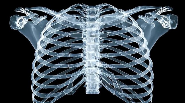 3D Medical Illustration of a Human Rib Cage and Thoracic Spine Skeleton against a Solid Black Background showing Anatomy of the Chest Cavity and Sternum in Glowing Blue X-ray Style