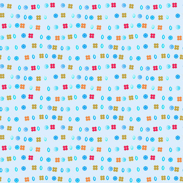 Seamless pattern of small stylized flowers and ovals