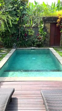 Small courtyard swimming pool remains calm beneath dense tropical greenery. Sunlit turquoise water fills rectangular basin, bordered by timber deck, outdoor loungers and closed wooden door.