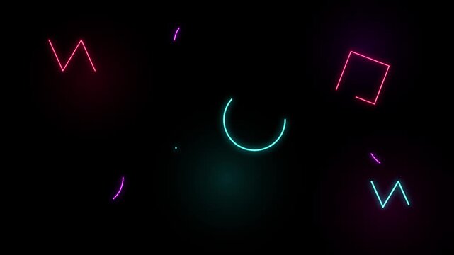 Neon geometric shapes floating background, abstract glowing 80s synthwave motion vibrant cyberpunk pattern loop