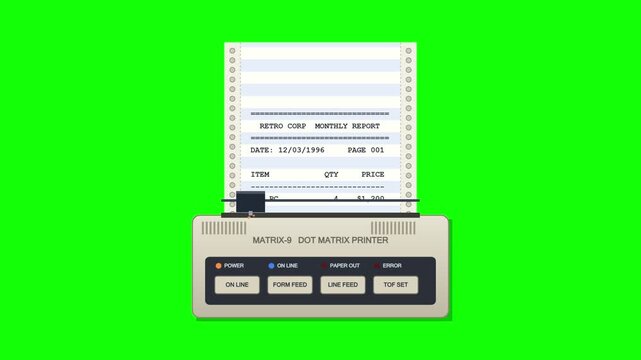 Vintage dot matrix printer printing paper on green screen background, representing old office technology, computer printing, and retro hardware.