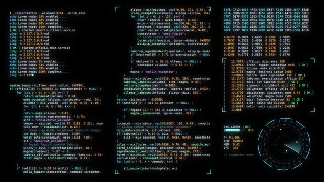 Software code lines and diagnostic data scroll on a futuristic computer screen display with glitch in dark background. Motion design.