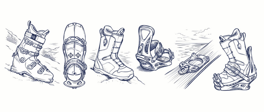 Ski boot snowboard binding illustration set in vintage sketch style. Detailed hand drawn winter sports equipment collection featuring alpine skiing gear and extreme outdoor recreation line art design.