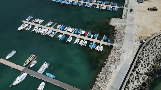 Aerial View of Marina Harbor with Boats and Yachts in Turquoise Sea Water