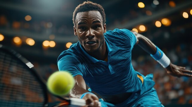 Professional tennis player hitting ball with racket on court