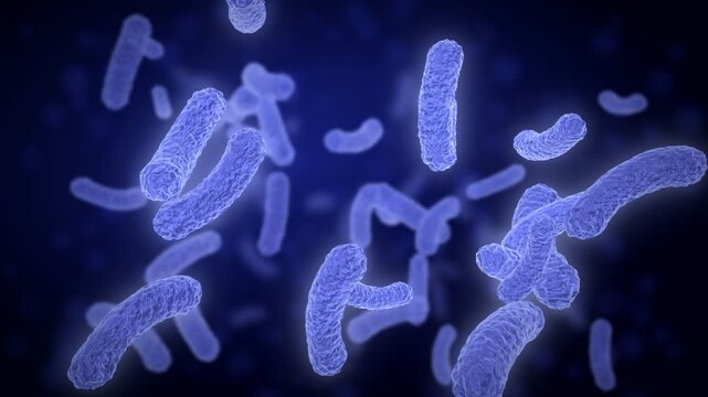 Indigo bacteria drift slowly across a dark blue field, scattered rod shaped bacilli turning in three dimensions, microbe and microbiome animation
