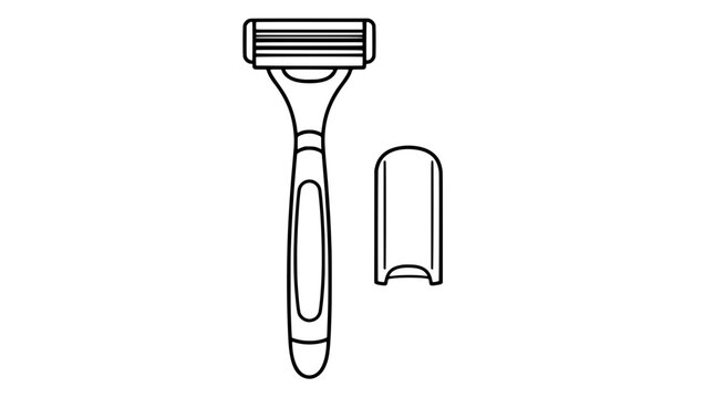 Black outline vector icon of a shaving razor with a triple blade head and contoured grip alongside a protective cap drawn with thin lines in vertical paired layout for personal grooming routines