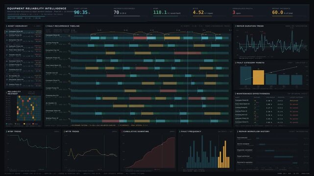 Cinematic equipment reliability dashboard tracking recurring machinery faults, repair time trends, and maintenance performance across industrial assets with dark UI design.