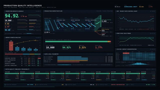 Cinematic 4K industrial production dashboard tracking reject rates and first-pass yield with animated quality flow visualization, defect Pareto analysis, statistical process control charts.