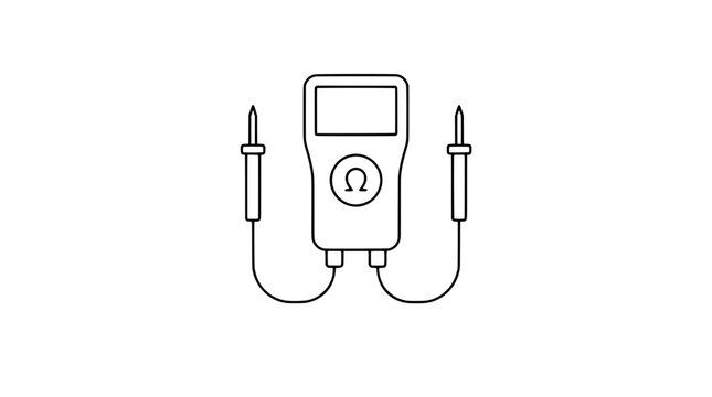 Black outline vector icon of a handheld resistance tester with display screen circular emblem and two connected probe leads drawn in thin lines centered in frontal arrangement against plain white