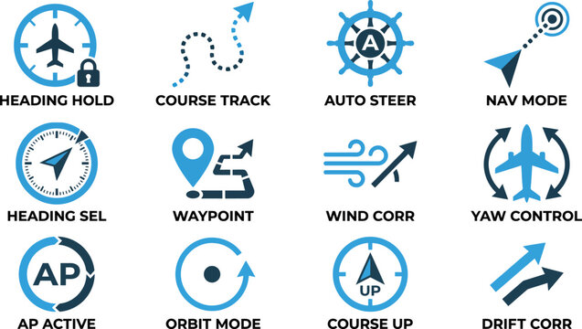 Set of aircraft autopilot and navigation mode icons for aviation control system and pilot flight interface Minimal solid fill icon set collection. Editable Vector icons pack
