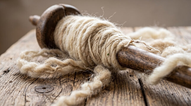 Traditional wool spindle with raw sheep's wool on rustic wood. Handcrafted traditional wool spindle, aged timber, displays thick cream fiber for spinning.